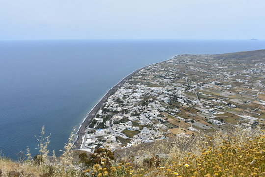 Greece, the island of Santorini. The view from the archeological site of Ancient Thiras to the resort of Perrisa.