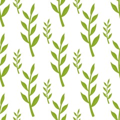 Green Stems and Leaves Seamless Pattern on White
