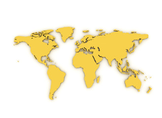 Yellow world map 3d rednder isolated on white background