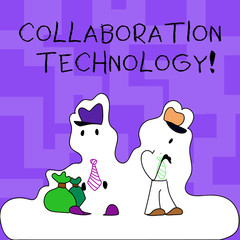 Text sign showing Collaboration Technology. Conceptual photo joint efforts work groups to accomplish task Figure of Two Men Standing with Pouch Bag on White Sticker Style Snow Effect.