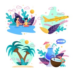 Summer Vacation on Tropical Island Cartoon Set