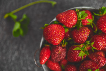 Strawberries in grey bowl. Fresh strawberries. Beautiful strawberries.