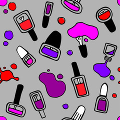Seamless pattern of bottles with nail polish, brushes and drops of varnish