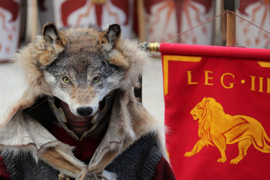 Soldiers Of A Roman Legion On A March. Vexillarium In Wolfskin With Banner And Legionaries On The Background, Reconstruction Of Wars In Ancient Rome