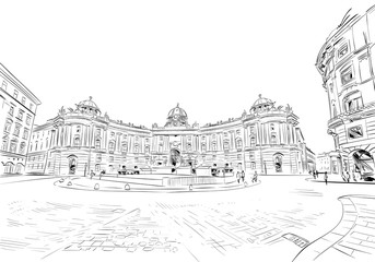 Hofburg palace. St. Michael's Square. Vienna, Austria. Hand drawn sketch vector illustration.