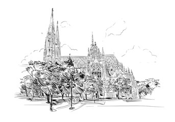 Church of the Vow. Rooseveltplatz. Vienna, Austria. Hand drawn sketch vector illustration.