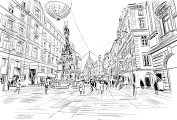  Graben street. Plague column. Vienna, Austria. Hand drawn sketch vector illustration.