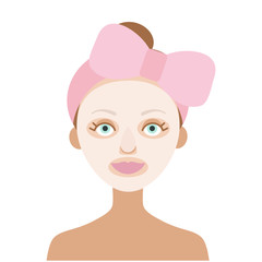 Girl with a pink bow on her head. She's wearing a white cloth mask.Korean cosmetics.Flat vector on white background