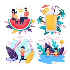 Vector Set Offer Family Vacation on Tropical Beach