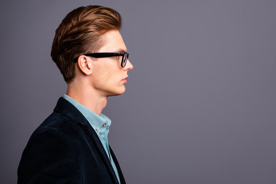 Close up side profile photo amazing he him his guy macho perfect appearance hairstyle look empty space reliable person not smiling wondered formal-wear shirt velvet jacket isolated grey background