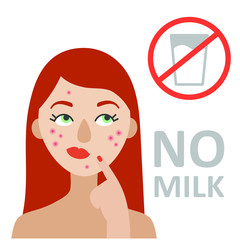 The red-haired girl with acne doubts whether to drink milk or not. There's a crossed-out glass of milk upstairs. Flat vector on white background