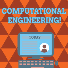 Fototapeta premium Conceptual hand writing showing Computational Engineering. Business photo text development and application computational models Computer Mounted on Stand with Online Profile Data on Screen.