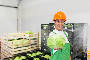 Portrait of a young woman holding cabbage at food production warehouse.