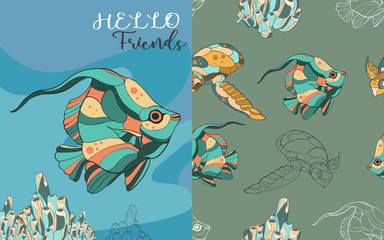 hand draw fish ocean turtles under water sea