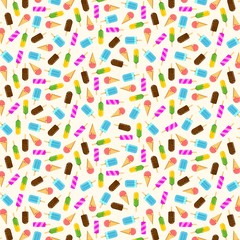 Pattern with a lot of colorful isolated ice cream. Hot summer time. Cold food flat vector illustration background
