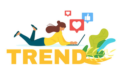 Woman using social networks flat vector web banner template