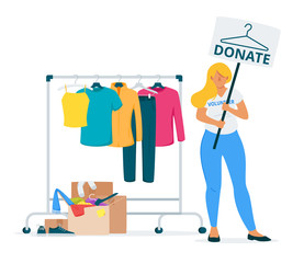 Female volunteer collecting clothes donations flat vector illustration