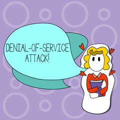 Writing note showing Denial Of Service Attack. Business photo showcasing Attack meant to shut down a machine or network Girl Holding Book with Hearts Around her and Speech Bubble.