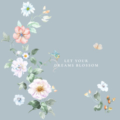 Greeting card with roses, watercolor, can be used as invitation card for wedding, birthday and other holiday and summer background