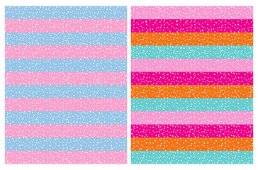 2 Simple Abstract Stripes Vector Patterns. White Irregular Brush Dots on a Colorful Striped Background. Funny Hand Drawn Geometric Repeatable Design. Irregular Infantile Style Spots and Lines.