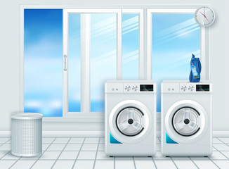 Vector Background with 3d Realistic Modern White Steel Washing Machine Closeup. Background. Design Template of Wacher. Front View, Laundry Concept