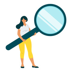 Woman holding magnifying glass flat vector character - obrazy, fototapety, plakaty