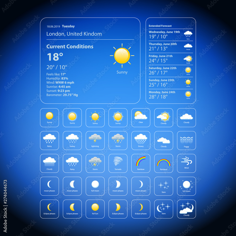 Wall mural set weather icons. all icons for weather with sample of use. vector, eps 10.