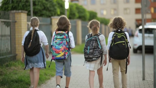Children Are Going to School. They Have A Lot of Fun Because Today is Their First Day at School. The view from the back side