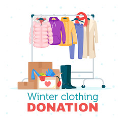 Winter warm clothing donation flat vector illustration
