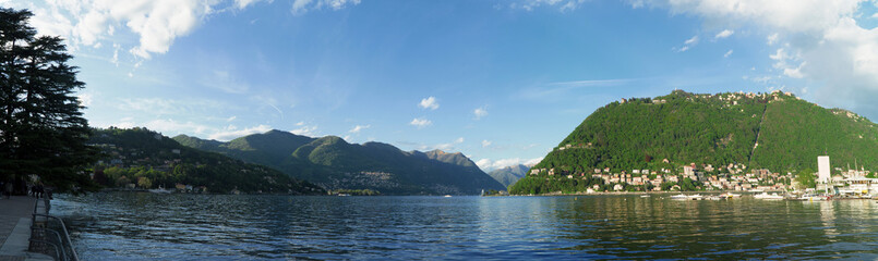 Beautiful summer Como lake landscape view in Italy. Panorama.
