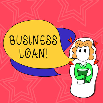 Conceptual hand writing showing Business Loan. Business photo text creation of debt which will be repaid with added interest Girl Holding Book with Hearts Around her and Speech Bubble.