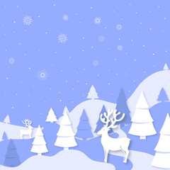 Fototapeta na wymiar Winter landscape mountains, spruce, deer cut out of paper style. Merry Christmas and Happy New Year