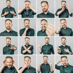 Set of handsome man with different emotions and gestures