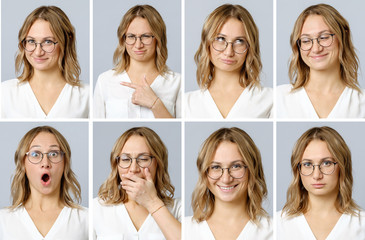 Beautiful woman with different facial expressions and gestures