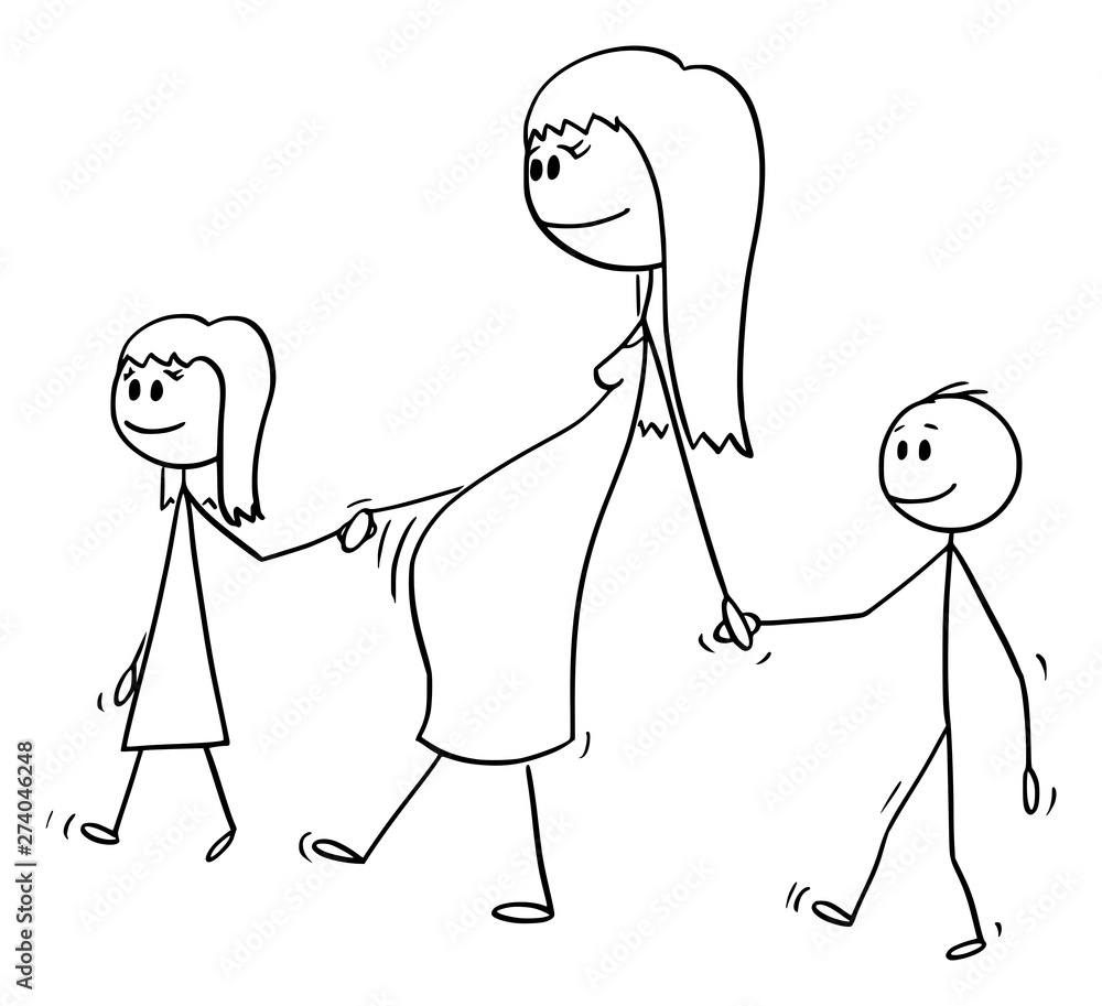 Wall mural Vector cartoon stick figure drawing conceptual illustration of pregnant woman or mom or mother together with small girl and boy or daughter and son. They are walking and holding hands.