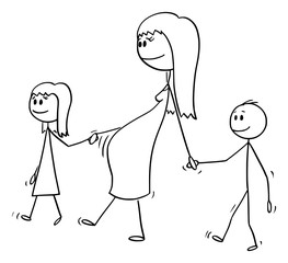 Vector cartoon stick figure drawing conceptual illustration of pregnant woman or mom or mother together with small girl and boy or daughter and son. They are walking and holding hands.