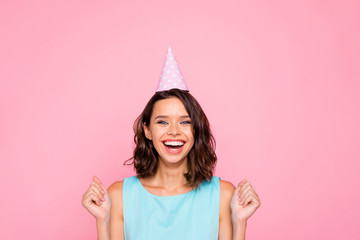 Close up photo amazing beautiful she her lady attractive pretty appearance birthday cap head hooray...