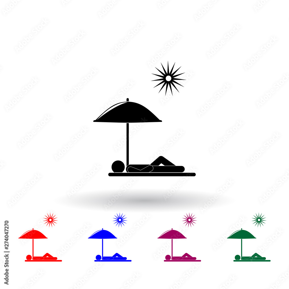 Poster sunbathe under an umbrella multi color icon. elements of beach holidays set. simple icon for website