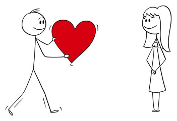 Vector cartoon stick figure drawing conceptual illustration of man or boy giving bog romantic red heart to girl or woman on date. Declaration or confession of love.