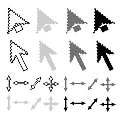 Pixel arrow icons in white, black, light and deep gray. Vector illustration with cursors for web design. Pixel graphic icon set with white background. Arrow web cursors.