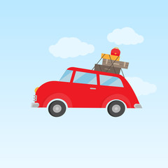 Flat travel, car with baggage, bags and suitcases. Holiday auto tour. Summer vacation