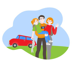 Cartoon family travel, car with baggage, bags and suitcases. Happy smiling parents with daughter on summer vacation, holiday auto tour