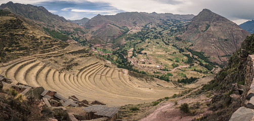 View from the Inca ruins of Pisac in Peru. Inca cultivation terraces.