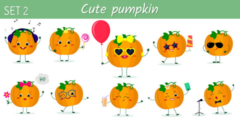 Fototapeta na wymiar Set of ten cute kawaii pumpkin vegetable characters in various poses and accessories in cartoon style. Vector illustration, flat design