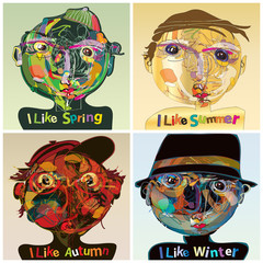 vector set of four seasons, presentation of the seasons with different human face characters, the illustration represents an avantgarde painting technique with creative lines and artistic shapes