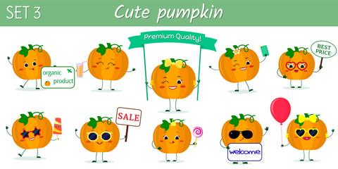 Set of ten cute kawaii pumpkin vegetable characters in various poses and accessories in cartoon style. Vector illustration, flat design