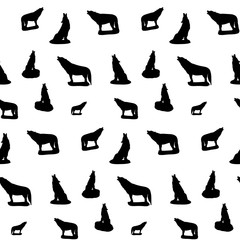 Seamless pattern, silhouette of a black wolf howling, on a white background