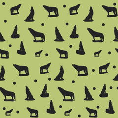 Seamless pattern, silhouette of a black wolf howling, on a green background