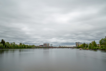 Downtown Umea, Sweden with a cloudy sky