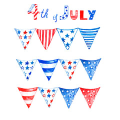 Watercolor red, white, and blue patriotic flag bunting,for the 4th of July, memorial and Independence day. Patriotic flags garland, isolated.